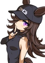 Rule 34 | 1girl, absurdres, animal ears, arm at side, baseball cap, black hat, black shirt, breasts, brown hair, closed mouth, covered navel, ears through headwear, finger to mouth, hair over one eye, hand up, hat, highres, horse ears, horse girl, horse tail, impossible clothes, impossible shirt, long hair, looking at viewer, purple eyes, rice shower (boc&#039;z) (umamusume), rice shower (umamusume), roppaku, shirt, shushing, simple background, single sleeve, small breasts, solo, tail, twitter username, umamusume, upper body, white background