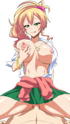Rule 34 | 1boy, 1girl, artist request, blonde hair, blush, bracelet, grabbing another&#039;s breast, breasts, breasts out, censored, clothed female nude male, clothed sex, cowgirl position, earrings, fingernails, girl on top, grabbing, grabbing own breast, green eyes, green skirt, hair ornament, hajimete no gal, hetero, highres, jewelry, large breasts, licking lips, lips, looking at viewer, mosaic censoring, necklace, nipples, no panties, nude, okojo no machi, open clothes, pendant, penis, pleated skirt, ponytail, pov, pov hands, pussy, pussy juice, ring, school uniform, sex, short hair, simple background, skirt, sleeves rolled up, solo focus, spread legs, straddling, sweat, thighs, tongue, tongue out, vaginal, white background, yame yukana