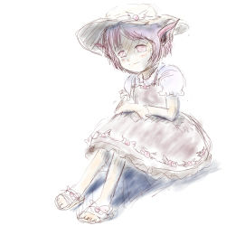 Rule 34 | 1girl, animal ears, bad id, bad pixiv id, barefoot, dress, female focus, full body, hat, mystia lorelei, pale color, sandals, saraband, short hair, short sleeves, sitting, sketch, smile, solo, touhou, white background, white theme
