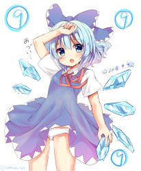 Rule 34 | 1girl, blue bow, blue dress, blue eyes, blue hair, bow, cirno, collared shirt, commentary request, cowboy shot, dress, hair bow, highres, ice, ice wings, panties, pantyshot, ramudia (lamyun), red ribbon, ribbon, shirt, short hair, short sleeves, simple background, touhou, underwear, white background, white panties, white shirt, wings