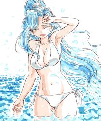 Rule 34 | 1girl, bikini, blue hair, breasts, chrono trigger, cleavage, commentary request, groin, large breasts, long hair, looking at viewer, ponytail, s-a-murai, schala zeal, side-tie bikini bottom, simple background, solo, swimsuit, very long hair, wading, white background, white bikini