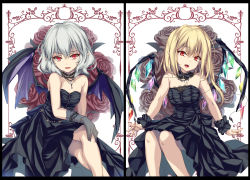 Rule 34 | 2girls, :d, alternate costume, bare shoulders, bat wings, black border, black choker, black dress, black gloves, border, breasts, choker, collarbone, commentary request, crossed legs, crystal, dress, fang, feet out of frame, flandre scarlet, flower, gloves, grey flower, grey rose, hair between eyes, head tilt, highres, invisible chair, key, lace, lace-trimmed dress, lace trim, long hair, looking at viewer, monety, multiple girls, nail polish, no headwear, one side up, open mouth, pink lips, pointy ears, red eyes, red nails, remilia scarlet, rose, see-through, short hair, siblings, silver hair, sisters, sitting, small breasts, smile, strapless, strapless dress, touhou, white background, wings, wrist cuffs