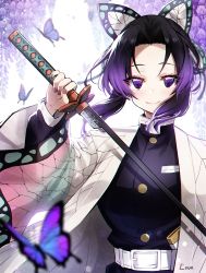 Rule 34 | 1girl, ankkoyom, artist name, belt, black hair, breasts, bug, butterfly, butterfly hair ornament, chromatic aberration, commentary request, gradient hair, hair ornament, haori, highres, holding, insect, japanese clothes, katana, kimetsu no yaiba, kochou shinobu, long sleeves, looking at viewer, multicolored hair, nail polish, parted bangs, pink nails, purple eyes, purple hair, short hair with long locks, smile, solo, sword, weapon, white belt