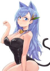 Rule 34 | 1girl, animal ears, azur lane, bell, black collar, black leotard, blue eyes, blue hair, breasts, cat ears, cat tail, collar, hair ornament, highres, large breasts, leotard, long hair, mg42cat-k1ng, neck bell, paw pose, tail, ticonderoga (azur lane), white background