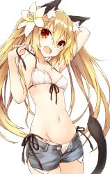 Rule 34 | 1girl, :d, animal ear fluff, animal ears, arm up, armpits, bikini, bikini under clothes, blonde hair, breasts, cat ears, cat tail, cleavage, fang, flower, front-tie bikini top, front-tie top, hair flower, hair ornament, hand up, highres, lily (flower), long hair, looking at viewer, name connection, navel, object namesake, open mouth, open pants, original, pants, red eyes, saeki touma, short shorts, shorts, side-tie bikini bottom, simple background, small breasts, smile, solo, string bikini, swimsuit, tail, untying, very long hair