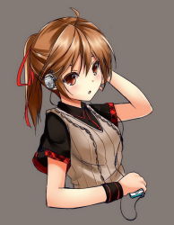 Rule 34 | 1girl, black shirt, brown eyes, brown hair, cable, digital media player, fatkewell, grey background, headphones, holding, original, ponytail, shirt, short hair, short ponytail, short sleeves, simple background, solo, sweater vest, wristband