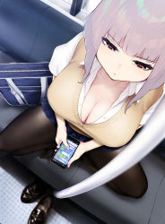 Rule 34 | 1girl, absurdres, bag, black footwear, black pantyhose, blue skirt, breasts, brown vest, cellphone, cleavage, collared shirt, commentary, downblouse, dress shirt, fisheye, from above, grey eyes, hatsuitsumo, highres, large breasts, loafers, medium hair, miniskirt, open clothes, open shirt, original, pantyhose, phone, pleated skirt, school bag, shirt, shoes, short sleeves, silver hair, skirt, smartphone, solo, spread legs, squatting, train interior, vest, white shirt
