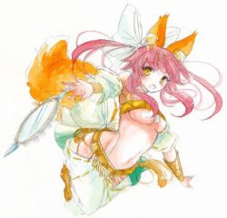Rule 34 | 10s, 1girl, amaterasu (fate), animal ears, belly dancer, breasts, dancer, fate/extra, fate/extra ccc, fate (series), fina (sa47rin5), fox ears, fox tail, hair ribbon, medium breasts, mirror, official alternate costume, open mouth, painting (medium), pink hair, ribbon, solo, tail, tamamo (fate), tamamo no mae (fate/extra), traditional media, twintails, underboob, watercolor (medium), yellow eyes