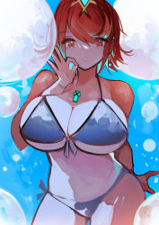 Rule 34 | 1girl, absurdres, alternate costume, bikini, breasts, bubble, chest jewel, cleavage, highres, large breasts, pyra (xenoblade), red eyes, red hair, short hair, solo, swept bangs, swimsuit, tarbo (exxxpiation), underwater, xenoblade chronicles (series), xenoblade chronicles 2