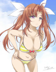 Rule 34 | 1girl, :&lt;, ahoge, alternate breast size, alternate costume, artist name, bikini, blue sky, breasts, brown hair, cleavage, cloud, cowboy shot, dated, gakky, hair intakes, hair ribbon, hands on own hips, highres, kagerou (kancolle), kagerou kai ni (kancolle), kantai collection, large breasts, leaning forward, long hair, looking at viewer, one-hour drawing challenge, purple eyes, ribbon, signature, sky, solo, striped bikini, striped clothes, swimsuit, twintails, yellow bikini