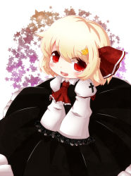 Rule 34 | 1girl, ascot, bad id, bad pixiv id, black dress, blonde hair, blush, cocozasa, cross, dress, fang, female focus, hair ribbon, highres, long sleeves, looking at viewer, open mouth, red eyes, ribbon, rumia, shirt, short hair, smile, solo, touhou, v arms, wide sleeves