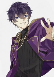 Rule 34 | 1boy, black sweater, blue eyes, chain, esse shoto ovo, grin, highres, indie virtual youtuber, jacket, jewelry, long sleeves, looking at viewer, male focus, necklace, open clothes, open jacket, purple hair, purple jacket, short hair, shoto (vtuber), smile, sweater, upper body, virtual youtuber