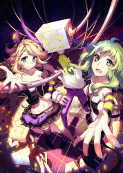 Rule 34 | 1boy, 2girls, android, aqua eyes, asymmetrical clothes, awkward, bare shoulders, belt, black footwear, blonde hair, bow, breasts, cable, checkered floor, cleavage, collarbone, curly hair, detached sleeves, frilled skirt, frills, green eyes, green hair, green nails, gumi, hair bow, highres, kagamine rin, locked arms, looking at viewer, luvoratorrrrry! (vocaloid), mechanical parts, medium breasts, midriff, miniskirt, multiple girls, nail polish, navel, neon trim, nervous, open clothes, open shirt, outstretched arm, outstretched hand, pants, perspective, pigeon-toed, purple pants, robot, rosuuri, shorts, sidelocks, skirt, small breasts, smile, striped, striped sleeves, thighhighs, tube, vocaloid, zettai ryouiki