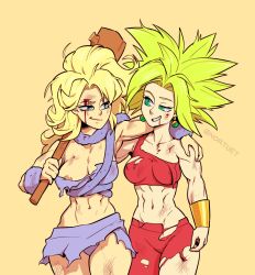 Rule 34 | 2girls, ayla (chrono trigger), blonde hair, blue eyes, breasts, chrono trigger, cleavage, dragon ball, female focus, green eyes, highres, kefla (dragon ball), large breasts, long hair, medium breasts, multiple girls, nipples, nortuet, revealing clothes, simple background, smile, torn clothes, wide hips