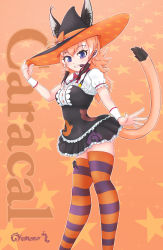 Rule 34 | 1girl, animal costume, animal ear fluff, animal ears, blue eyes, bow, bowtie, caracal (kemono friends), caracal ears, dress, extra ears, halloween, halloween costume, hat, highres, kemono friends, kemono friends v project, kneehighs, long hair, looking at viewer, microphone, nokemono-san (bocchi friend), orange hair, ribbon, simple background, skirt, smile, socks, solo, tail, virtual youtuber, wristband