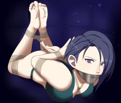 Rule 34 | 1girl, arms behind back, ass, bare shoulders, bdsm, blue background, blue hair, blush, bondage, bound, bra, breasts, brown rope, cleavage, cloth gag, dankestofdans, eyeliner, feet, female focus, fire emblem, fire emblem: three houses, gag, gagged, green bra, green panties, huge ass, improvised gag, intelligent systems, large breasts, lying, on stomach, makeup, nintendo, panties, purple eyes, rope, shamir nevrand, shiny clothes, shiny skin, short hair, solo, thick thighs, thighs, thong, underwear