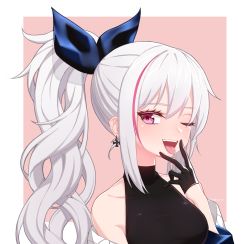 Rule 34 | 1girl, ;d, bad id, bad pixiv id, bare shoulders, black gloves, black shirt, breasts, collarbone, cross, cross earrings, cunnilingus gesture, earrings, girls&#039; frontline, gloves, hair ribbon, hand up, highres, jewelry, long hair, looking at viewer, mdr (cocktail observer) (girls&#039; frontline), mdr (girls&#039; frontline), medium breasts, multicolored hair, narynn, off shoulder, official alternate costume, one eye closed, open mouth, pink eyes, pink hair, ponytail, ribbon, shirt, sidelocks, sleeveless, sleeveless shirt, sleeveless turtleneck, smile, solo, streaked hair, tongue, tongue out, turtleneck, twitter username, upper body, white hair