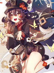 Rule 34 | 1girl, :d, absurdres, ai xiao meng, bead bracelet, beads, black footwear, black hat, blush, bracelet, brown hair, brown shirt, brown shorts, bug, butterfly, chinese clothes, commentary, dated, flower, genshin impact, hat, hat flower, highres, hu tao (genshin impact), insect, jewelry, jumping, kneehighs, legs up, long sleeves, multiple rings, open mouth, red eyes, red shirt, ring, shirt, shoes, short shorts, shorts, signature, smile, socks, solo, star-shaped pupils, star (symbol), symbol-shaped pupils, tassel, teeth, twintails, undershirt, upper teeth only, white socks, wide sleeves, yellow butterfly