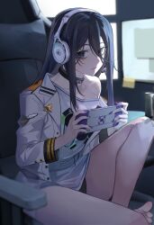 Rule 34 | 1girl, absurdres, ayuyaki, bags under eyes, bandaid, bandaid on knee, bandaid on leg, barefoot, black choker, black hair, black nails, chair, choker, exia (nikke), foot out of frame, game controller print, goddess of victory: nikke, hair between eyes, handheld game console, headphones, headset, highres, holding, holding handheld game console, jacket, legs, long hair, looking at viewer, monitor, nail polish, off shoulder, office chair, open clothes, open jacket, playing games, purple eyes, screen light, shirt, sidelocks, sitting, solo, swivel chair, thighs, white jacket, white shirt