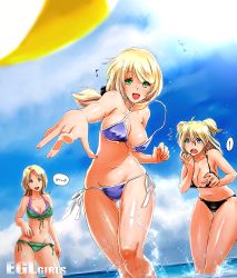 Rule 34 | !, 3girls, :d, :o, ^^^, ahoge, anne green, arm at side, ball, beachball, bikini, black bikini, blonde hair, blue bikini, blue eyes, blue sky, breasts, cameltoe, cleavage, cloud, covered erect nipples, day, ellen baker, fingernails, gluteal fold, green bikini, green eyes, groin, hair between eyes, hair ornament, hair scrunchie, halloween, hand to own mouth, highres, ikeda (hayato), large breasts, lens flare, long fingernails, long hair, looking at another, looking at viewer, lucy smith, motion blur, multiple girls, musical note, nail polish, navel, new horizon, o-ring, o-ring top, ocean, open mouth, outdoors, outstretched arm, pink nails, ponytail, quaver, red lips, scrunchie, shiny skin, side-tie bikini bottom, sideboob, sky, smile, sparkle, speech bubble, spoken exclamation mark, standing, stomach, string bikini, summer, swimsuit, thigh gap, two side up, underboob, untied bikini, wading, wardrobe malfunction, wet