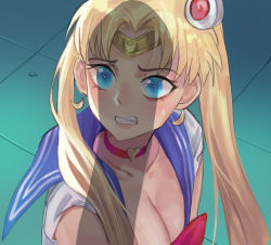 Rule 34 | 1girl, 1other, bishoujo senshi sailor moon, blonde hair, blue eyes, blush, breasts, choker, circlet, cleavage, collarbone, crescent, crescent earrings, earrings, heart, heart choker, highres, jewelry, lan xiezi, long hair, meme, penis shadow, red choker, red neckwear, sailor moon, sailor moon redraw challenge (meme), sleeves rolled up, solo focus, sweat, teeth, tile floor, tiles, tsukino usagi, twintails, upper body, wavy mouth, wide-eyed