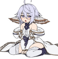 Rule 34 | 1girl, :o, ahoge, animal ears, bare shoulders, between legs, center frills, commentary request, frills, granblue fantasy, hair between eyes, hand between legs, houtengeki, light purple hair, looking at viewer, open mouth, purple eyes, short hair, sitting, solo, thighhighs, v arms, wamdus (granblue fantasy)