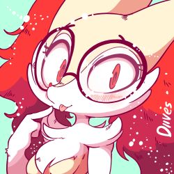 Rule 34 | 1girl, animal ears, artist name, black-framed eyewear, blush, braixen, breasts, closed mouth, creatures (company), diives, female focus, fox ears, furry, furry female, game freak, gen 6 pokemon, glasses, green background, hand up, happy, looking at viewer, nintendo, no nipples, pokemon, pokemon (creature), red eyes, signature, simple background, small breasts, smile, solo, tongue, tongue out, upper body