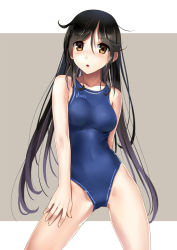 Rule 34 | 1girl, asics, black hair, blue one-piece swimsuit, blush, breasts, brown eyes, competition swimsuit, contrapposto, cowboy shot, groin, groin tendon, katahira masashi, long hair, medium breasts, one-piece swimsuit, open mouth, original, solo, standing, swimsuit, very long hair