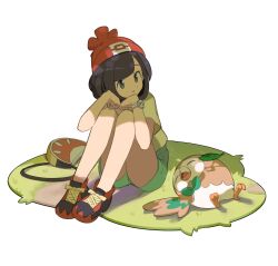 Rule 34 | 1girl, = (9 yawbus), black hair, creatures (company), dappled sunlight, faux figurine, game freak, gen 7 pokemon, grass, green shorts, grey eyes, head rest, highres, knees up, laces, multicolored footwear, nintendo, on grass, pokemon, pokemon (creature), red headwear, rowlet, selene (pokemon), shoes, short hair, short sleeves, shorts, simple background, sitting, sneakers, sunlight, three quarter view, white background, z-ring