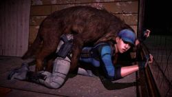 Rule 34 | 1girl, 3d, animated, animated gif, bestiality, brown hair, capcom, clothed sex, denim, dog, doggystyle, fingerless gloves, full body, gloves, gun, hat, jeans, jill valentine, knife, leaning forward, noname55, pants, ponytail, resident evil, sex, sex from behind, source filmmaker (medium), vaginal, weapon