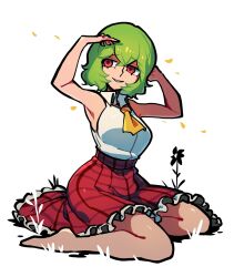 Rule 34 | 1girl, adapted costume, armpits, arms up, ascot, bare arms, bare legs, breasts, commentary request, crossed bangs, full body, green hair, hair between eyes, highres, iganashi1, kazami yuuka, large breasts, light smile, looking to the side, one-hour drawing challenge, parted lips, plaid, plaid skirt, red eyes, red skirt, simple background, sitting, skirt, solo, teeth, touhou, wariza, white background, yellow ascot