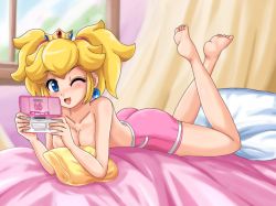Rule 34 | 1girl, ass, barefoot, bed, blonde hair, breasts, crown, handheld game console, huge ass, indoors, mario (series), nintendo, nintendo ds, pillow, princess peach, sigurd hosenfeld, solo, super mario bros. 1, third-party edit, topless, wink