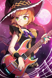 Rule 34 | 1girl, bow, bowtie, braid, choker, expressionless, frills, full moon, gilse, glasses, glowing, green eyes, guitar, hat, holding, instrument, long hair, lowres, moon, mop maid, musical note, nail polish, orange hair, single braid, solo, striped, sword girls, witch hat