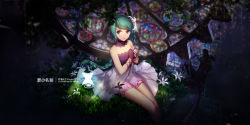 Rule 34 | 1girl, alternate costume, alternate eye color, alternate hairstyle, artist name, bare shoulders, bloomers, blurry, braid, depth of field, detached collar, dress, fingerless gloves, flat chest, flower, frills, from above, gears, gloves, grass, hair flower, hair ornament, hatsune miku, highres, lace, lace-trimmed dress, lace trim, lamp, long hair, looking at viewer, own hands together, pink shorts, plant, project diva (series), project diva x, purple eyes, shorts, single braid, sitting, solo, stained glass, strapless, strapless dress, string, swd3e2, swept bangs, trefoil, twintails, underwear, very long hair, vines, vocaloid, white flower