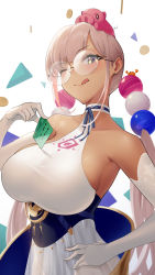 Rule 34 | 1girl, :q, backless outfit, blonde hair, blue leotard, breasts, card, dark-skinned female, dark skin, elbow gloves, gloves, hair ornament, halterneck, highres, holding, holding card, holocure, hololive, hololive english, kaniko (tsukumo sana), large breasts, leotard, leotard under clothes, licking lips, light brown hair, long hair, looking at viewer, one eye closed, planet hair ornament, pleated skirt, round eyewear, see-through, see-through skirt, skirt, somebody (leiking00), tongue, tongue out, tsukumo sana, tsukumo sana (1st costume), twintails, very long hair, virtual youtuber, white gloves, white skirt, yellow eyes