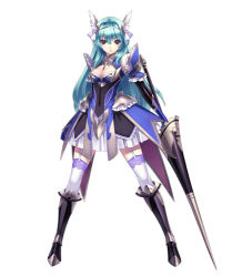 Rule 34 | 1girl, agarest senki, agarest senki (series), agarest senki 2, aqua hair, armor, boots, breasts, cleavage, cleavage cutout, clothing cutout, detached sleeves, dress, fantasy, garter straps, hairband, head wings, hirano katsuyuki, jewelry, knee boots, lace, lace-trimmed legwear, lace trim, lance, long hair, lowres, official art, pendant, pleated skirt, polearm, purple eyes, short dress, simple background, skirt, solo, spear, standing, thighhighs, valkyrie, very long hair, victoria (agarest senki), weapon, white thighhighs, wings