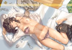 Rule 34 | 1girl, aftersex, amagami, arms up, azuma ren, barefoot, bed, black hair, blue eyes, blush, bra, breasts, bukkake, clothes pull, condom, condom wrapper, cum, cum on body, cum on breasts, cum on clothes, cum on lower body, cum on stomach, cum on upper body, dress shirt, facial, lace, lace-trimmed panties, lace trim, legs, lingerie, lips, long legs, lying, multiple condoms, navel, nipples, on back, open bra, open clothes, open mouth, open shirt, panties, pink bra, pink panties, pleated skirt, shirt, skirt, skirt pull, small breasts, solo, tanamachi kaoru, thermometer, underwear, unfastened, used condom