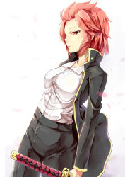 Rule 34 | 10s, 1girl, akuma no riddle, backlighting, breasts, buttons, coat, collarbone, namatame chitaru, necktie, packge, parted lips, red eyes, red hair, short hair, solo, sword, trench coat, weapon, white background