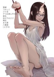 Rule 34 | 1girl, bare legs, barefoot, black hair, bound, bound wrists, dress, fang, feet, female focus, glasses, horns, long hair, looking at viewer, oni, original, rope, single horn, soles, solo, toes, uraki (tetsu420), white background, white dress