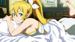 Rule 34 | 1girl, artist request, ass, barefoot, bed, blonde hair, breast press, breasts, feet, game cg, green eyes, highres, indoors, large breasts, leafa, leafa (sao:im), leg up, long hair, looking at viewer, lying, official art, on stomach, pillow, sideboob, smile, solo, sword art online, sword art online: hollow fragment, the pose