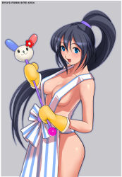 Rule 34 | 1girl, apron, blue eyes, blue hair, breasts, cleavage, cowboy shot, grey background, matching hair/eyes, medium breasts, naked apron, oven mitts, ryu (ryu&#039;s form site), simple background, solo
