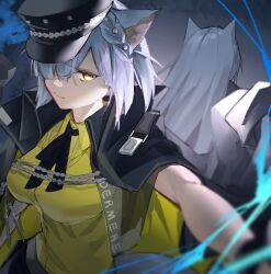 Rule 34 | 2girls, aiguillette, animal ears, arknights, black hat, black jacket, black ribbon, breasts, cat ears, closed mouth, collared shirt, delphine (arknights), facing ahead, furrowed brow, goma 74umai, grey hair, hair between eyes, hair over one eye, hat, highres, impossible clothes, impossible shirt, jacket, large breasts, long hair, long sleeves, looking at viewer, medium hair, mother and daughter, multiple girls, neck ribbon, one eye covered, open clothes, open jacket, outstretched arm, peaked cap, ribbon, shirt, sidelocks, upper body, yellow eyes, yellow shirt