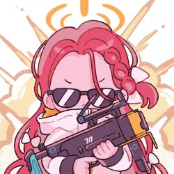 Rule 34 | :&lt;, blue archive, braid, chibi, commentary request, explosion, forehead, gun, hair ribbon, halo, highres, holding, holding weapon, jacket, koru koruno, long hair, long sleeves, polka dot, red hair, ribbon, serious, solo, submachine gun, sunglasses, upper body, weapon, white background, white jacket, yuzu (blue archive)