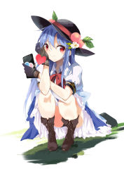 Rule 34 | 1girl, black footwear, black gloves, black hat, blue hair, blue skirt, blush, boots, bow, cellphone, commentary request, flower, food, fruit, gloves, hand up, hat, hat flower, heart, highres, hinanawi tenshi, holding, holding phone, leaf, long hair, looking at viewer, peach, petticoat, phone, puffy short sleeves, puffy sleeves, red bow, red eyes, shirt, short sleeves, simple background, skirt, smartphone, smile, solo, squatting, tetsurou (fe+), touhou, white background, white flower, white shirt