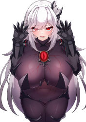 Rule 34 | 1girl, 5danny1206, absurdres, blush, bodysuit, breasts, covered navel, gauntlets, hair ornament, hands up, highres, large breasts, long hair, looking at viewer, original, parted lips, red eyes, simple background, solo, thighs, white background, white hair