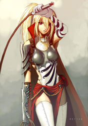 Rule 34 | 1girl, armor, asymmetrical clothes, blonde hair, boobplate, boots, breastplate, cape, gauntlets, gloves, hair between eyes, nekkeau, pelvic curtain, ponytail, red eyes, solo, thigh boots, thighhighs, whip, white thighhighs