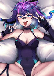 Rule 34 | 1girl, absurdres, bandage on face, bandages, bed, blue eyes, blue hair, blush, breasts, choker, cleavage, collarbone, double v, elbow gloves, fingerless gloves, gloves, heart, heart-shaped pupils, heavy breathing, highres, indie virtual youtuber, leotard, lighto, long hair, looking at viewer, lying, medium breasts, melody (projektmelody), multicolored hair, nail polish, naughty face, on back, open mouth, pink hair, purple hair, solo, spread legs, symbol-shaped pupils, thighs, tongue, tongue out, v, virtual youtuber
