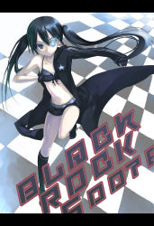 Rule 34 | 10s, bikini, bikini top only, black hair, black rock shooter, black rock shooter (character), blue eyes, boots, checkered floor, english text, engrish text, front-tie top, gloves, hood, hoodie, kodamasawa izumi, midriff, pale skin, ranguage, short shorts, shorts, solo, star (symbol), swimsuit, twintails, uneven twintails, vocaloid