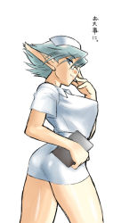 Rule 34 | 1girl, ass, blue hair, breasts, breath of fire, breath of fire v, dr.p, flat ass, glasses, large breasts, nurse, pointy ears, short hair, solo, white background, zeno 1/128
