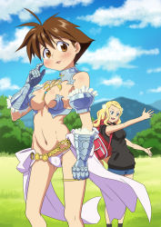 Rule 34 | 2girls, alternate costume, arm up, blade strangers, blonde hair, blue eyes, brown hair, cloud, code of princess, cosplay, costume switch, flower, grass, highres, long hair, looking at another, mountain, multiple girls, outdoors, solange blanchefleur de luxe, solange blanchefleur de luxe (cosplay), tat (artist), tree, umihara kawase, umihara kawase (character)